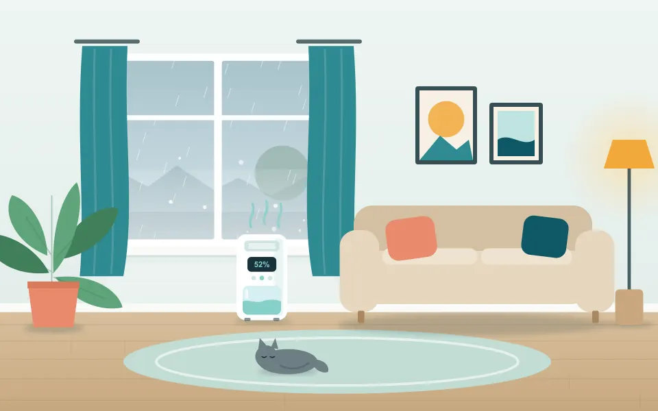 A calm living room on a rainy day, with a dehumidifier by the window reading 52% and a cat asleep on the rug